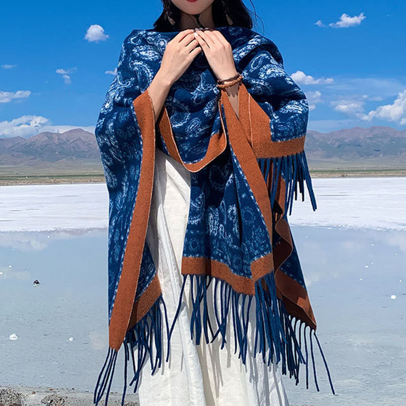 Buddha Stones, granatowy, wzór paisley, szalik z frędzlami - image 1