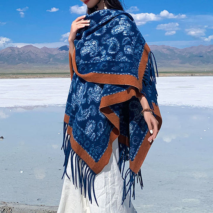 Buddha Stones, granatowy, wzór paisley, szalik z frędzlami - image 3