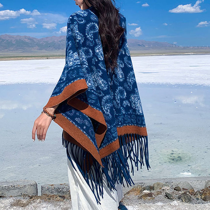 Buddha Stones, granatowy, wzór paisley, szalik z frędzlami - image 4