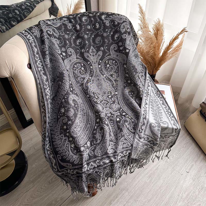 Szal z motywem paisley i kwiatowym wzorem w Buddha Stones z frędzlami - DimGray - 195*70 cm - image 8