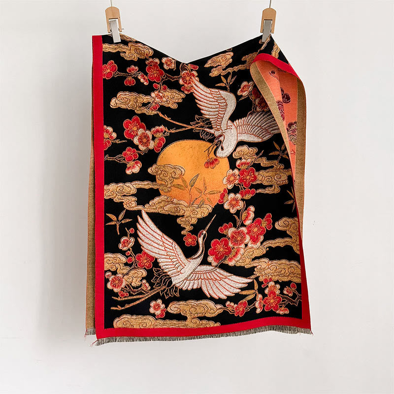 Buddha Stones Zimowy Żuraw Kwiat Śliwy Pomyślne Chmury Wzór Frędzle Przytulny Szalik Szal - image 1