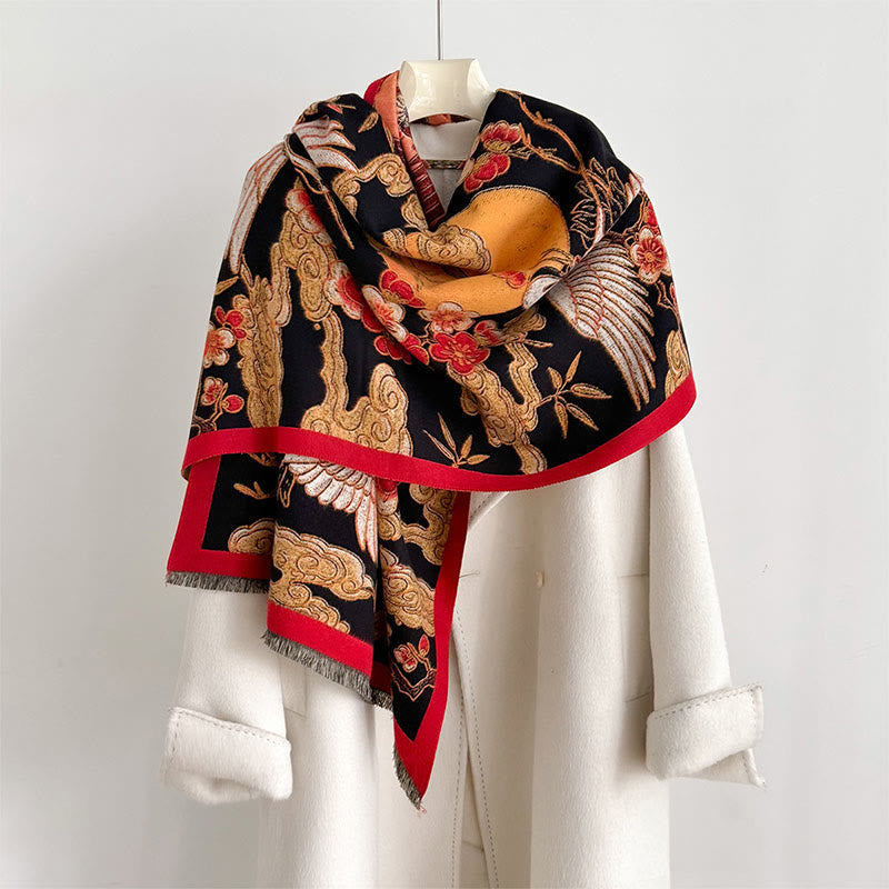 Buddha Stones Zimowy Żuraw Kwiat Śliwy Pomyślne Chmury Wzór Frędzle Przytulny Szalik Szal - Czarny - 180*65 cm - image 0