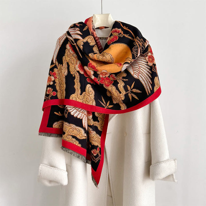 Buddha Stones Zimowy Żuraw Kwiat Śliwy Pomyślne Chmury Wzór Frędzle Przytulny Szalik Szal - Czarny - 180*65 cm - image 0
