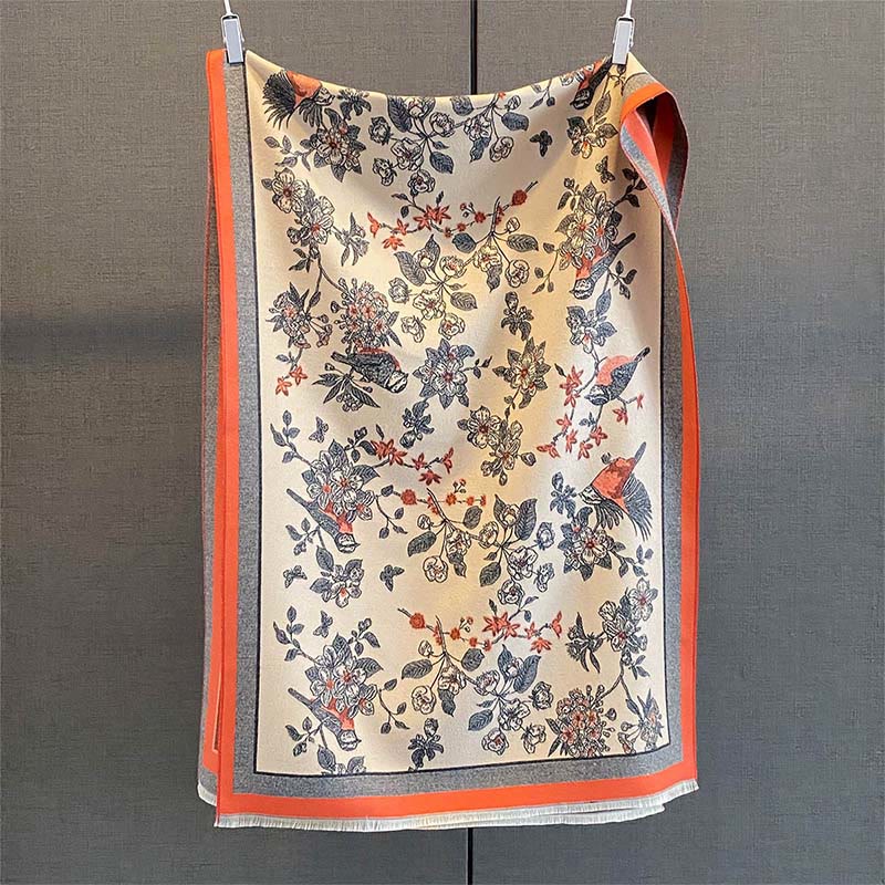 Buddha Stones dojazdowe, wzór ptaków, kontrast kolorów, frędzle, przytulny, miękki szalik - image 1