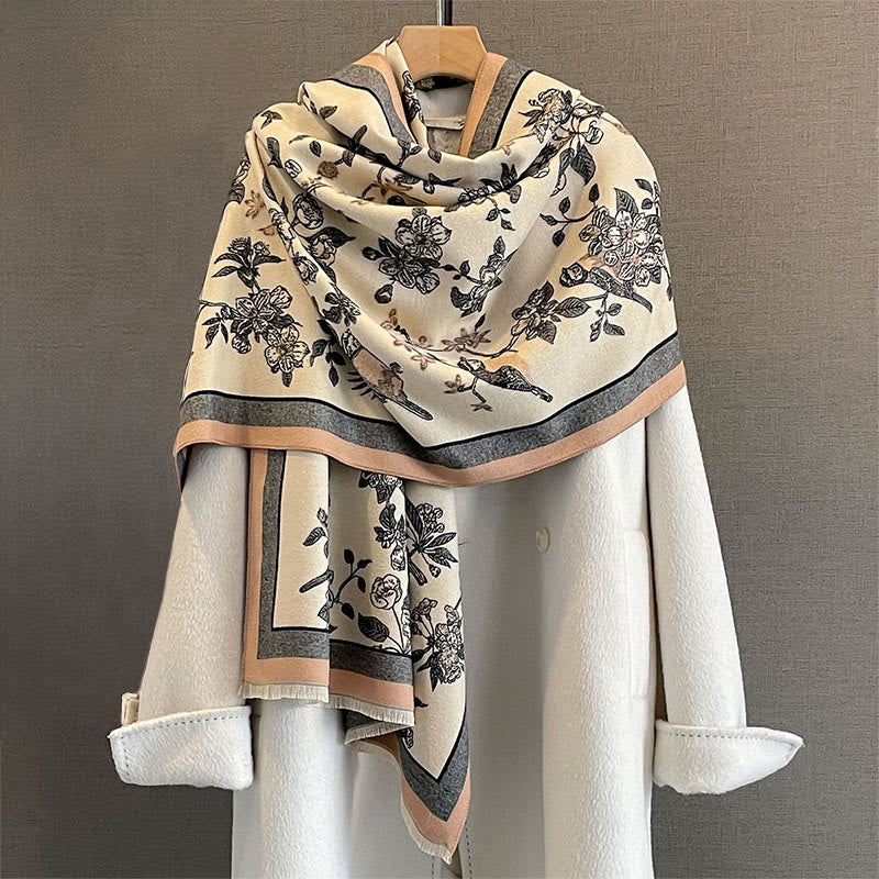 Buddha Stones dojazdowe, wzór ptaków, kontrast kolorów, frędzle, przytulny, miękki szalik - image 6