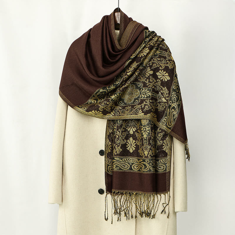 Buddha Stones Wiosna Złoty Kwiat Nerkowca Geometryczny Wzór Chwost Przytulny Szalik - SaddleBrown - 172*70 cm - image 0