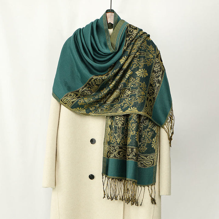 Buddha Stones Wiosna Złoty Kwiat Nerkowca Geometryczny Wzór Chwost Przytulny Szalik - DarkSeaGreen - 172*70 cm - image 3