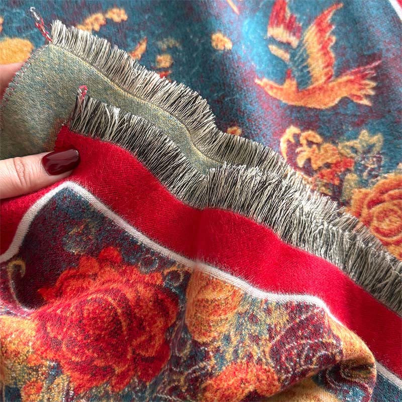 Buddha Stones Zimowe Kwiaty Feniksa Ptaki Wzór Frędzle Termiczny Miękki Szalik Szal - image 4