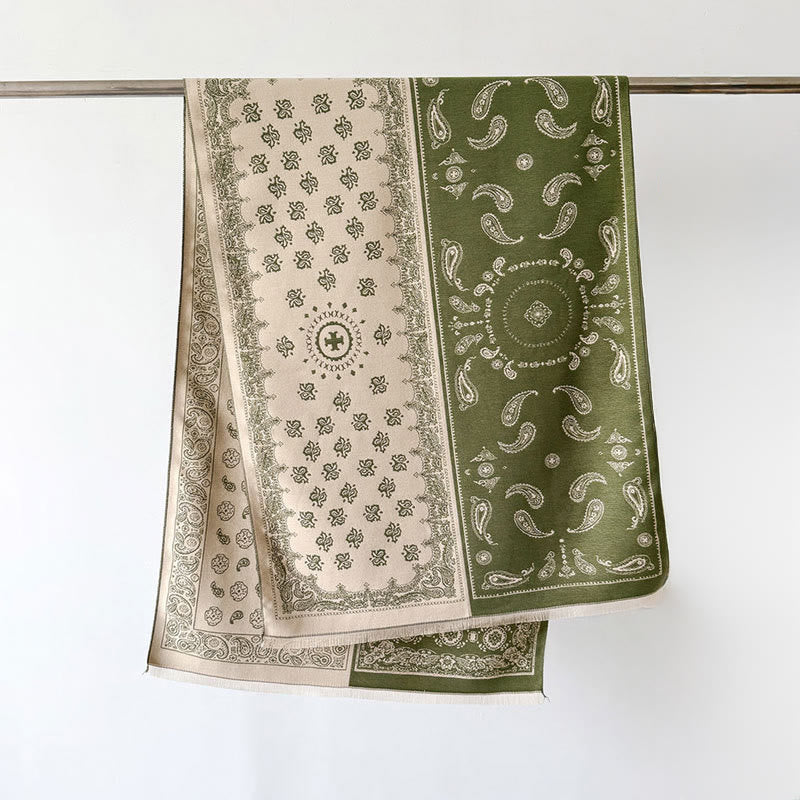 Buddha Stones, etniczny wzór paisley, geometria, patchwork, frędzle, miękki, termiczny, gruby szalik - Oliwkowy - 186*66 cm - image 12