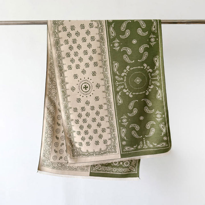 Buddha Stones, etniczny wzór paisley, geometria, patchwork, frędzle, miękki, termiczny, gruby szalik - Oliwkowy - 186*66 cm - image 12