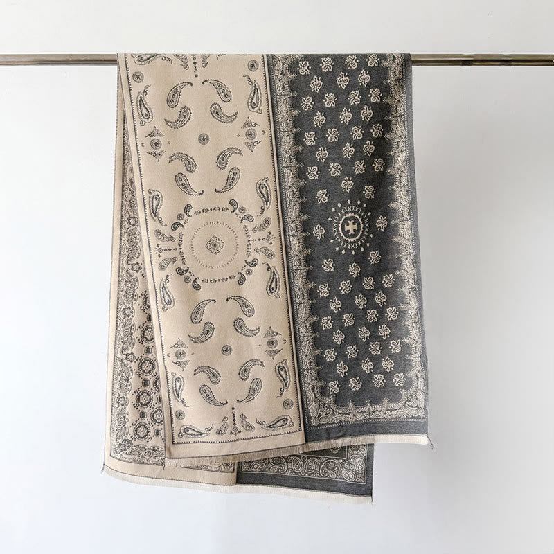 Buddha Stones, etniczny wzór paisley, geometria, patchwork, frędzle, miękki, termiczny, gruby szalik - Szary - 186*66 cm - image 2