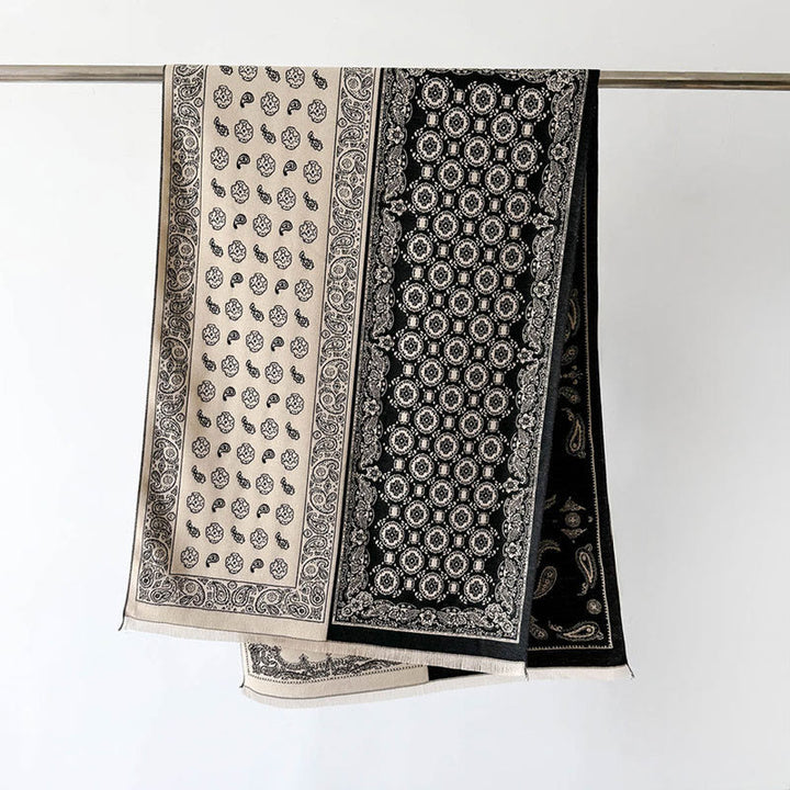 Buddha Stones, etniczny wzór paisley, geometria, patchwork, frędzle, miękki, termiczny, gruby szalik - Czarny - 186*66 cm - image 5