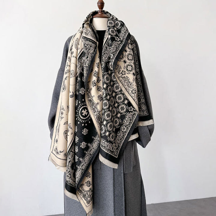 Buddha Stones, etniczny wzór paisley, geometria, patchwork, frędzle, miękki, termiczny, gruby szalik - image 8