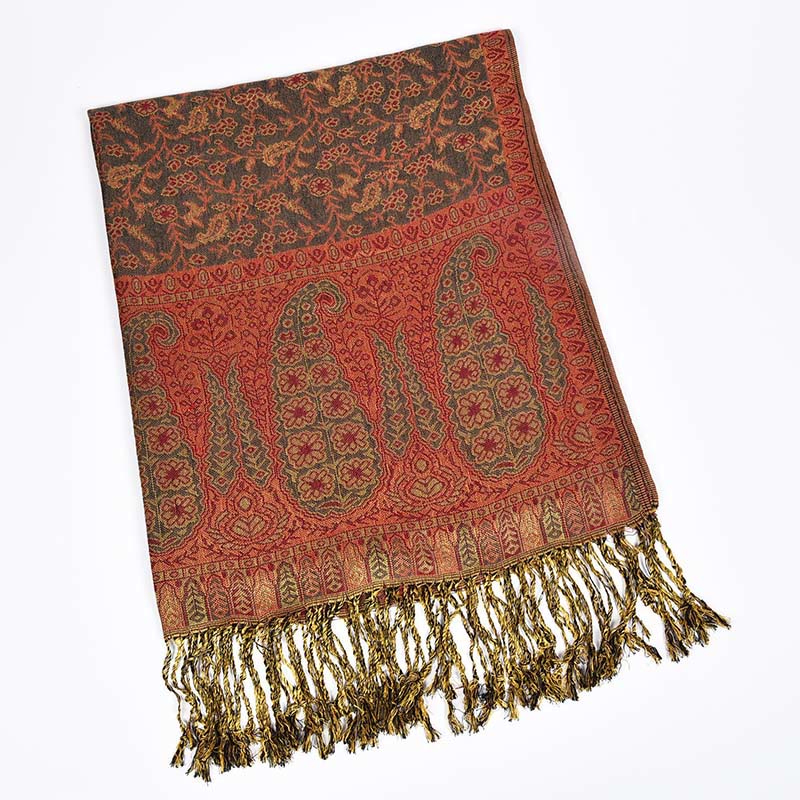 Buddha Stones Żakard Kontrast Kolorów Patchwork Wzór Paisley Przytulny Szal z Frędzlami - Cegła ogniotrwała - image 8