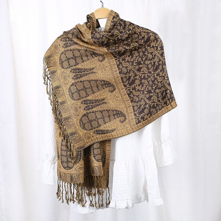 Buddha Stones Żakard Kontrast Kolorów Patchwork Wzór Paisley Przytulny Szal z Frędzlami - Nawłoć - image 0