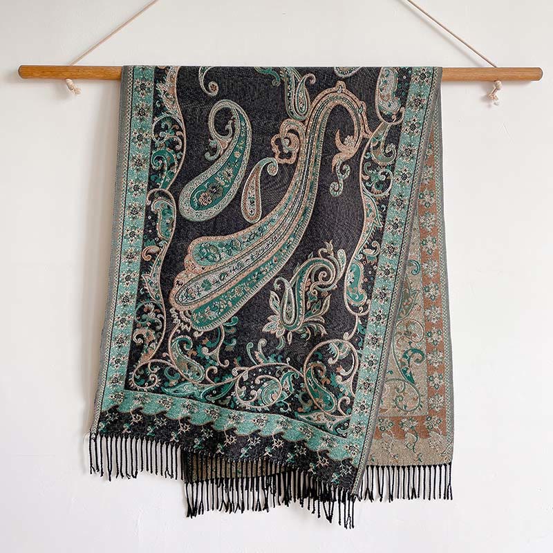 Zimowy, termiczny szal do pracy z motywem paisley i kwiatowym wzorem z frędzlami i ozdobnymi Buddha Stones - Czarny - 200*65 cm - image 5