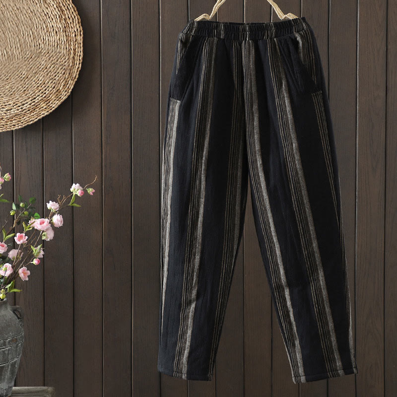 Spodnie damskie haremowe Buddha Stones Commute Thermal w paski z bawełny sztruksowej z kieszeniami - Czarny - US8-10，UK/AU12-14，EU40-42 (2XL) - image 9