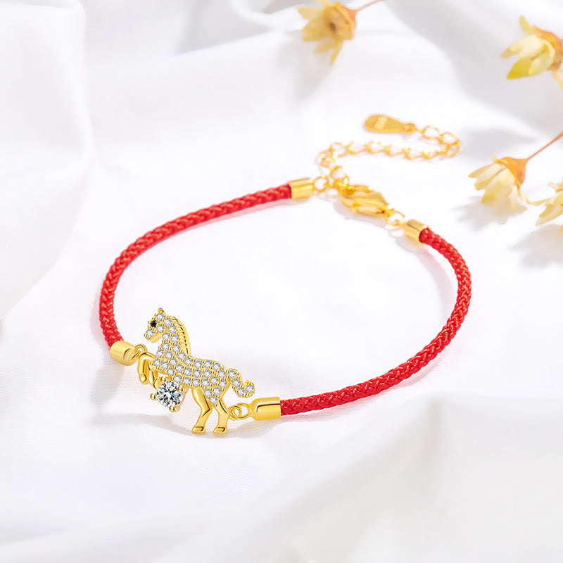 Bransoletka z Buddha Stones ze srebra próby 925, złota, Rok Konia, czerwony sznurek, regulowana, z napisem "Szczęście" - image 5