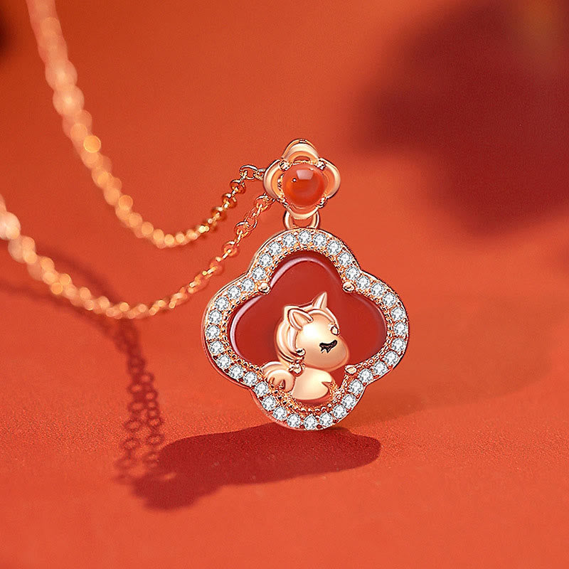 Buddha Stones 925 Srebro Sterling Rok Konia Czterolistna Koniczyna Czerwony Agat Spokój Naszyjnik Wisiorek - image 1
