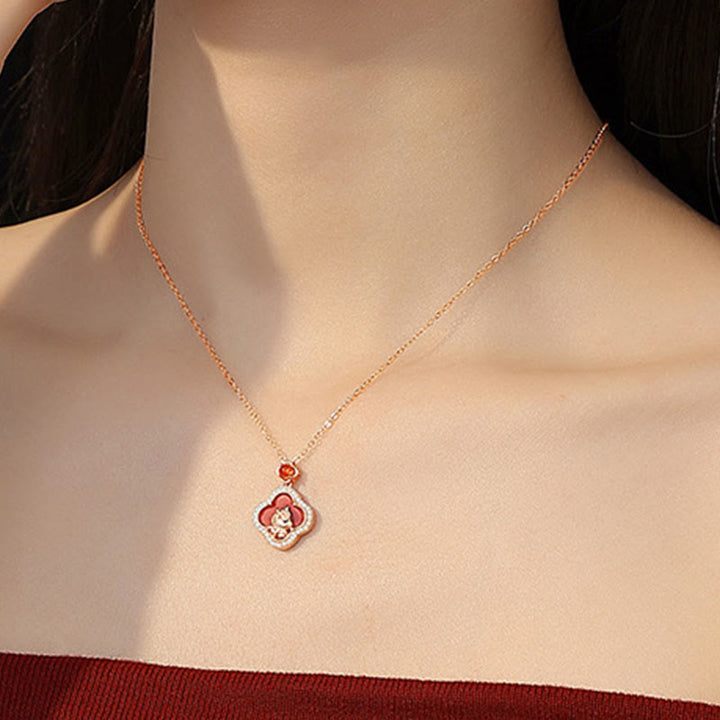 Buddha Stones 925 Srebro Sterling Rok Konia Czterolistna Koniczyna Czerwony Agat Spokój Naszyjnik Wisiorek - image 4