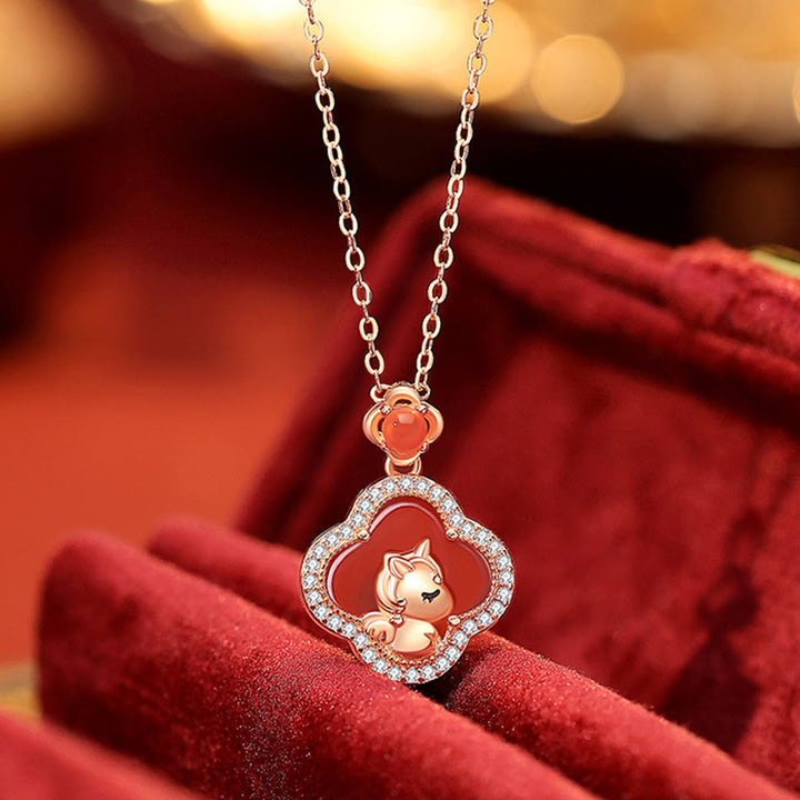 Buddha Stones 925 Srebro Sterling Rok Konia Czterolistna Koniczyna Czerwony Agat Spokój Naszyjnik Wisiorek - image 2