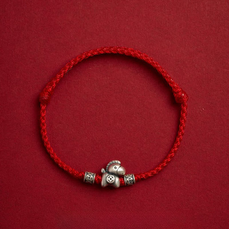 Bransoletka ochronna z plecionego sznurka z Buddha Stones z roku konia ze srebra próby 999 - Czerwony (obwód nadgarstka 14-21 cm) - image 1