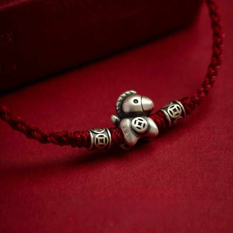 Bransoletka ochronna z plecionego sznurka z Buddha Stones z roku konia ze srebra próby 999 - image 11