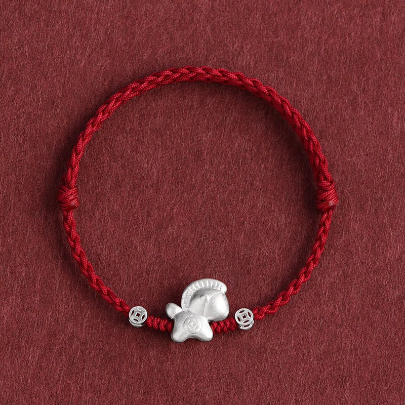 Buddha Stones Rok Konia Srebro próby 999 Miedziane monety Szczęścia pleciona bransoletka na kostkę - Ciemnoczerwona bransoletka na kostkę (obwód 17-30 cm) - image 0
