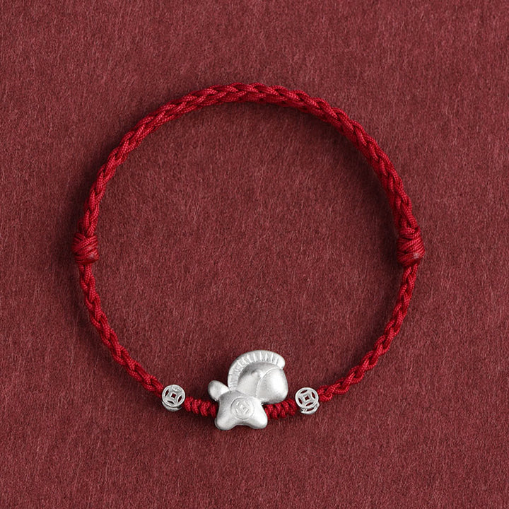 Buddha Stones Rok Konia Srebro próby 999 Miedziane monety Szczęścia pleciona bransoletka na kostkę - Ciemnoczerwona bransoletka na kostkę (obwód 17-30 cm) - image 0