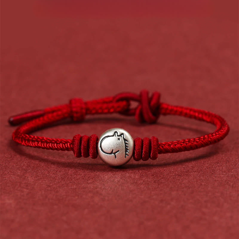 Bransoletka z Buddha Stones z roku konia, wykonana ze srebra próby 999, pleciona na czerwonym sznurku - Koń (obwód nadgarstka 14-18 cm) - image 0