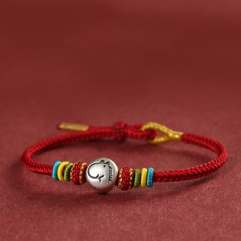 Bransoletka wiary z Buddha Stones, Rok Konia, srebro próby 999, pleciona na czerwonym sznurku - Ciemnoczerwony (obwód nadgarstka 14-18 cm) - image 0