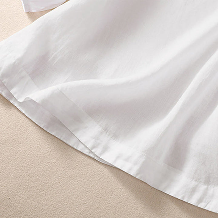 Koszula damska z bufiastymi rękawami i krótkim rękawem "Buddha Stones" w swobodnym, prostym fasonie z guzikami i kwiatowym haftem - image 12