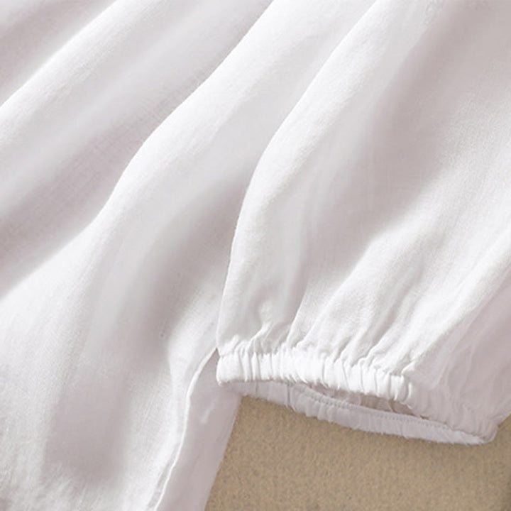 Koszula damska z bufiastymi rękawami i krótkim rękawem "Buddha Stones" w swobodnym, prostym fasonie z guzikami i kwiatowym haftem - image 8