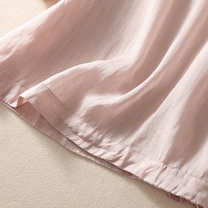 Koszula damska z bufiastymi rękawami i krótkim rękawem "Buddha Stones" w swobodnym, prostym fasonie z guzikami i kwiatowym haftem - image 15