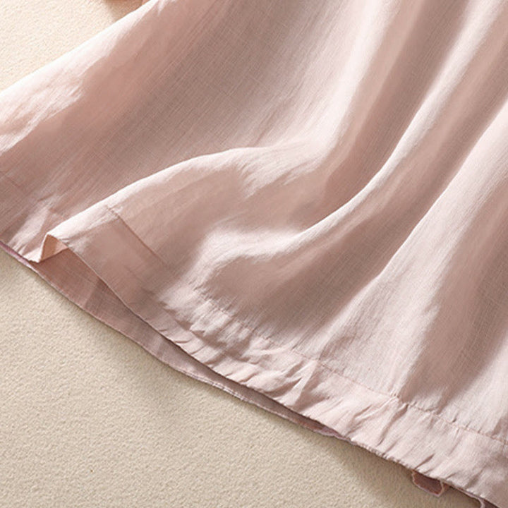 Koszula damska z bufiastymi rękawami i krótkim rękawem "Buddha Stones" w swobodnym, prostym fasonie z guzikami i kwiatowym haftem - image 15