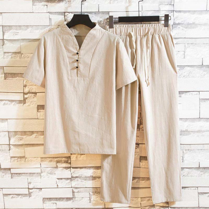 Buddha Stones, 2 sztuki, jednolity kolor, bawełniany T-shirt z krótkim rękawem i spodniami, męski zestaw - AntiqueWhite - US/UK/AU44，EU54 (5XL) - image 11