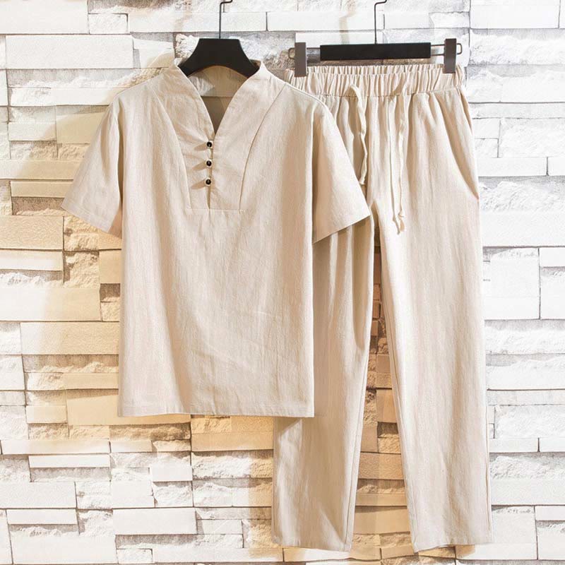 Buddha Stones, 2 sztuki, jednolity kolor, bawełniany T-shirt z krótkim rękawem i spodniami, męski zestaw - AntiqueWhite - US/UK/AU46， EU56 (5XL) - image 11