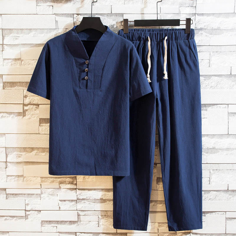 Buddha Stones, 2 sztuki, jednolity kolor, bawełniany T-shirt z krótkim rękawem i spodniami, męski zestaw - Stalowoniebieski - US/UK/AU44，EU54 (5XL) - image 12