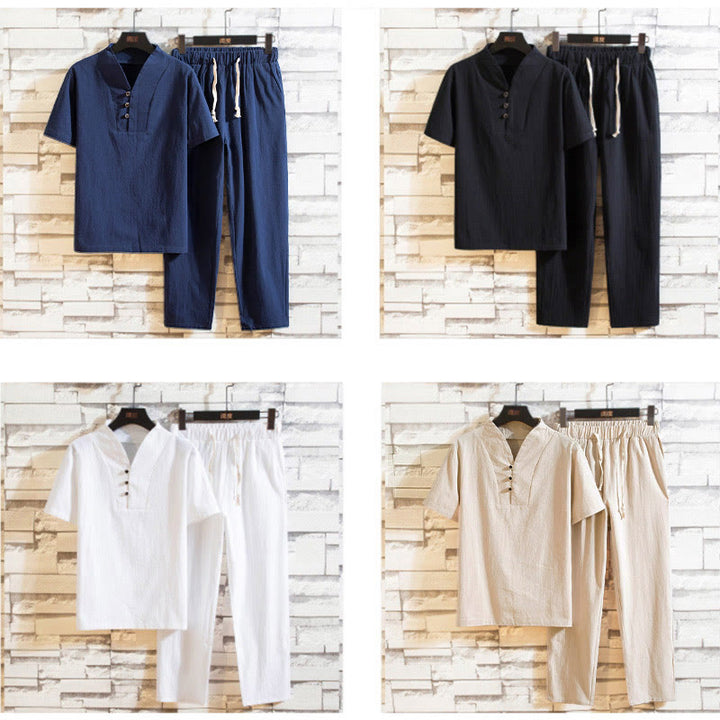 Buddha Stones, 2 sztuki, jednolity kolor, bawełniany T-shirt z krótkim rękawem i spodniami, męski zestaw - image 13