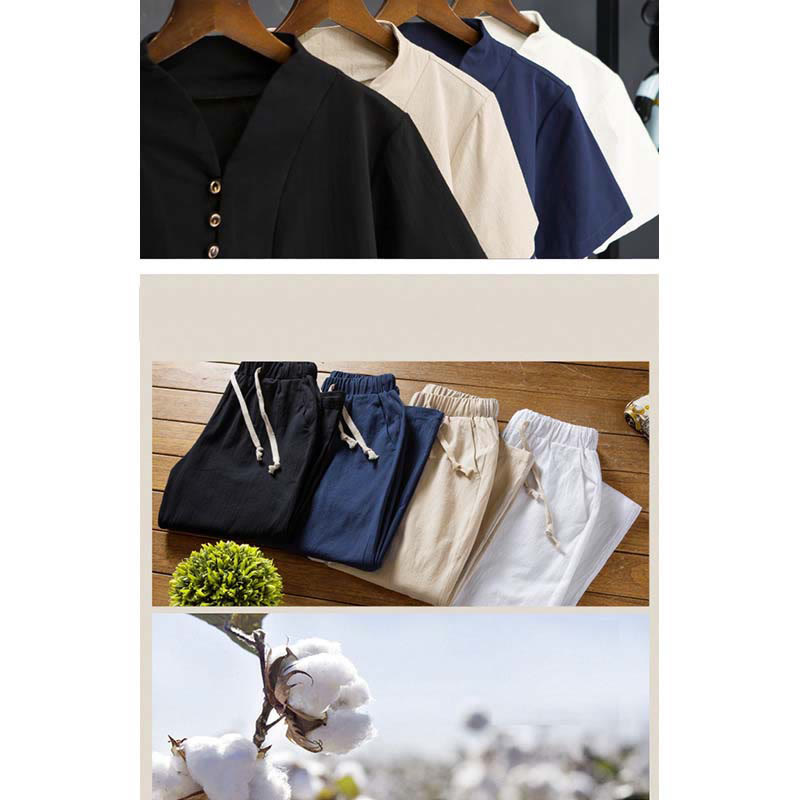 Buddha Stones, 2 sztuki, jednolity kolor, bawełniany T-shirt z krótkim rękawem i spodniami, męski zestaw - image 14