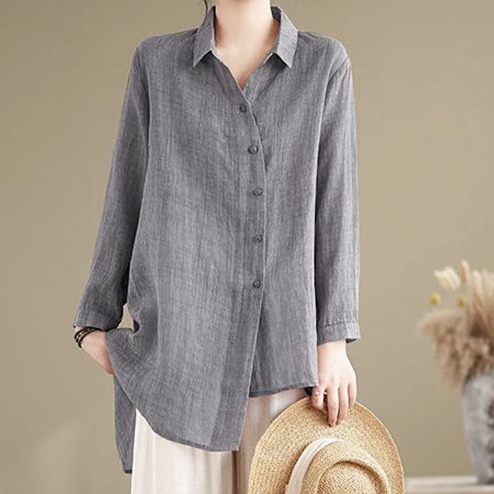 Koszula damska bawełniana z długim rękawem i nieregularnym wzorem "Buddha Stones" z guzikami - image 3