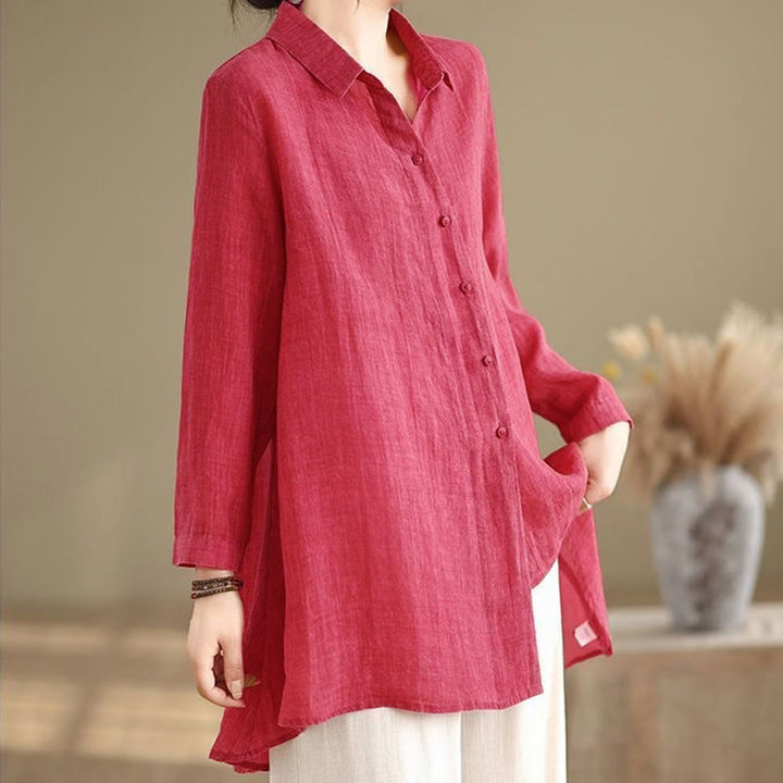 Koszula damska bawełniana z długim rękawem i nieregularnym wzorem "Buddha Stones" z guzikami - image 9