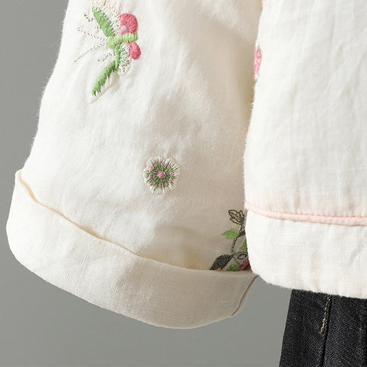 Kurtka damska z długim rękawem, bawełniana, z haftem kwiatów Buddha Stones , z kieszeniami - image 9