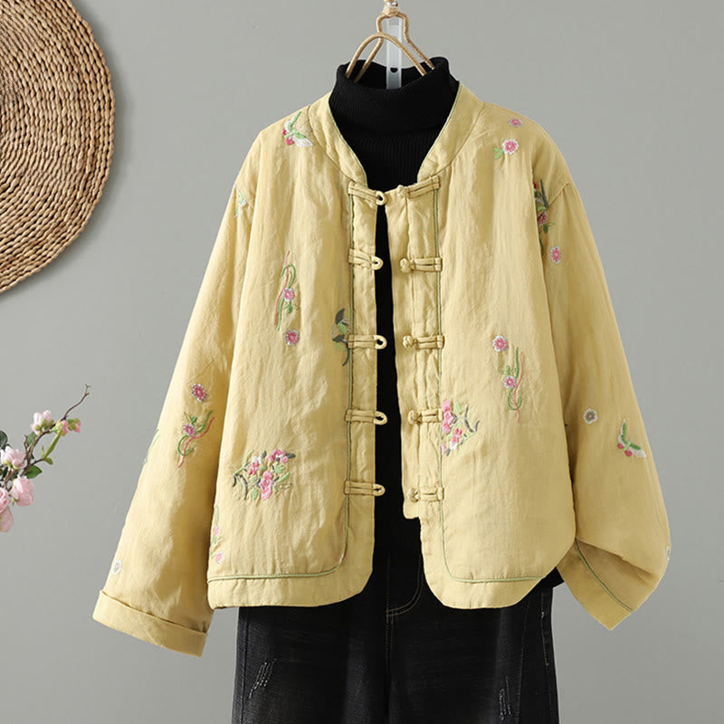 Kurtka damska z długim rękawem, bawełniana, z haftem kwiatów Buddha Stones , z kieszeniami - Khaki - US8-10，UK/AU12-14，EU40-42 (2XL) - image 12