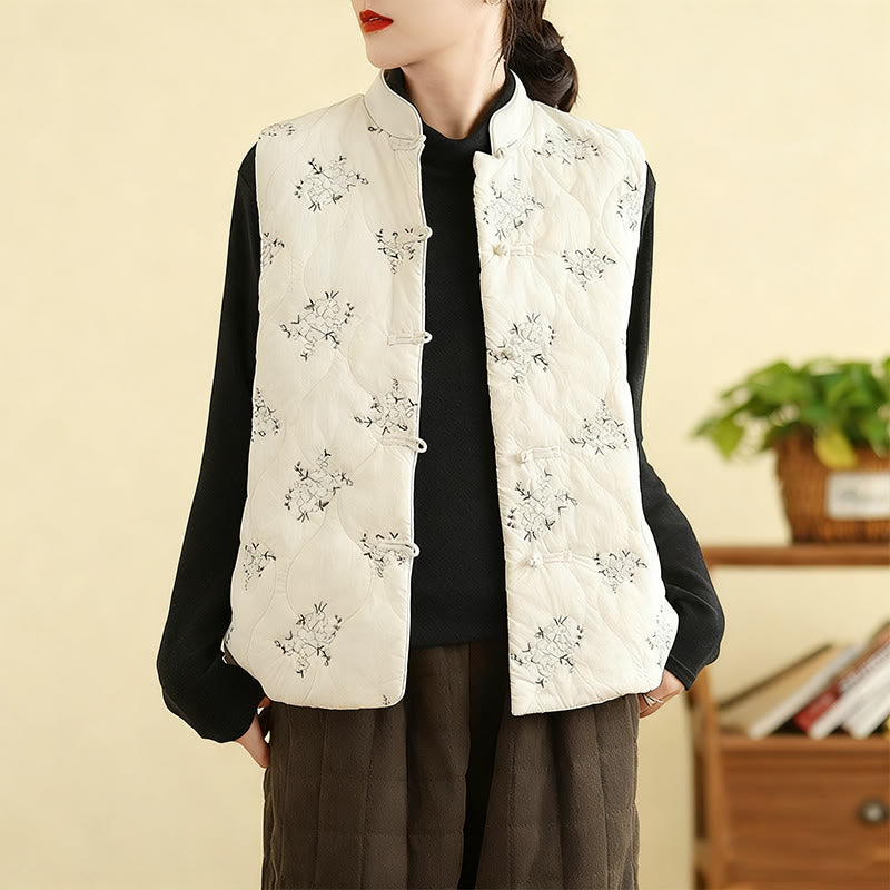 Kamizelka damska bez rękawów z bawełny z haftowanymi Buddha Stones i guzikami w kształcie żaby z kieszeniami - Kość słoniowa - US8-10，UK/AU12-14，EU40-42 (2XL) - image 10