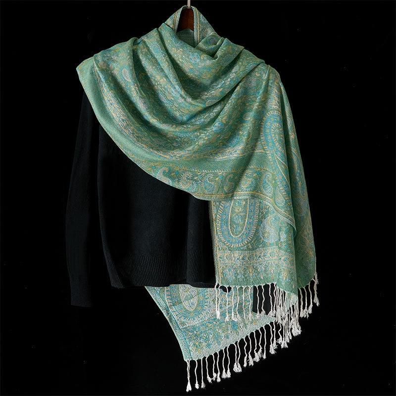 Buddha Stones Wiosenny Zielony Kwiat Nerkowca Geometryczny Wzór Pasków Chwost Przytulny Szalik - image 7