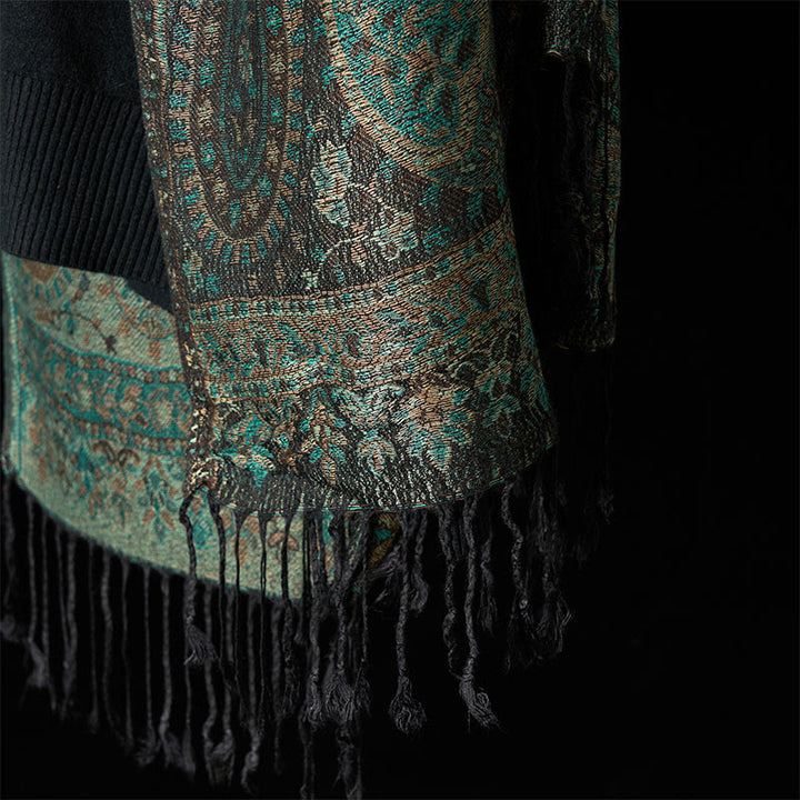 Buddha Stones Wiosenny Zielony Kwiat Nerkowca Geometryczny Wzór Pasków Chwost Przytulny Szalik - image 5