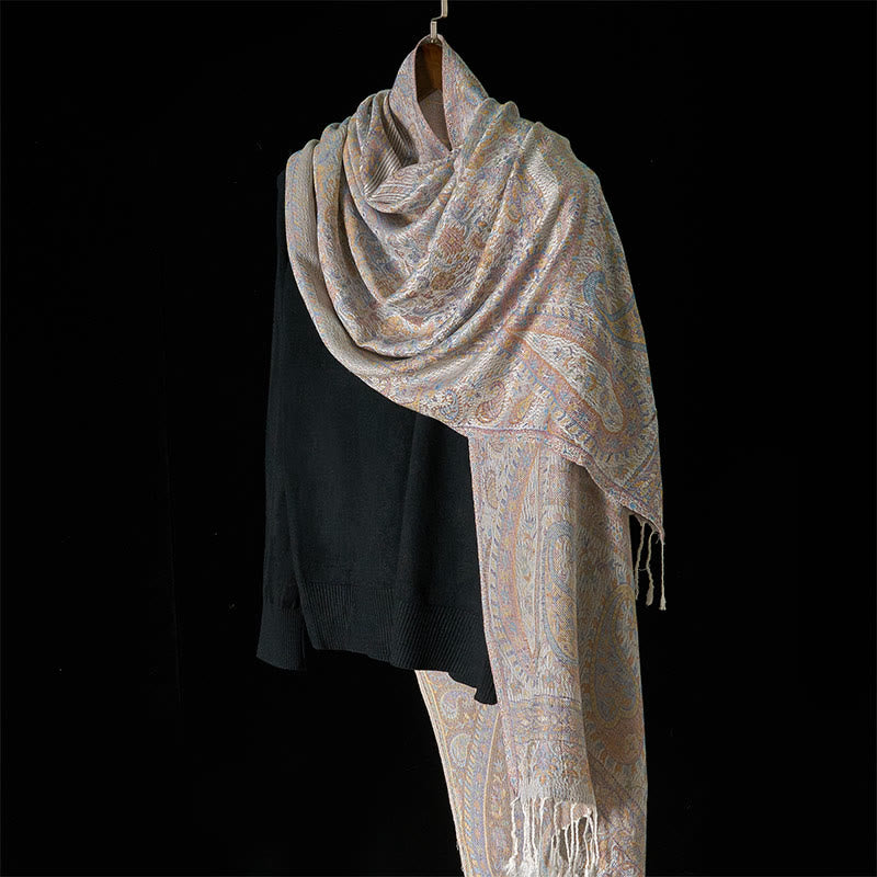 Buddha Stones Wiosna Jasnoróżowy Beżowy Kwiat Nerkowca Geometryczny Wzór Pasków Przytulny Szal z Frędzlami - image 8