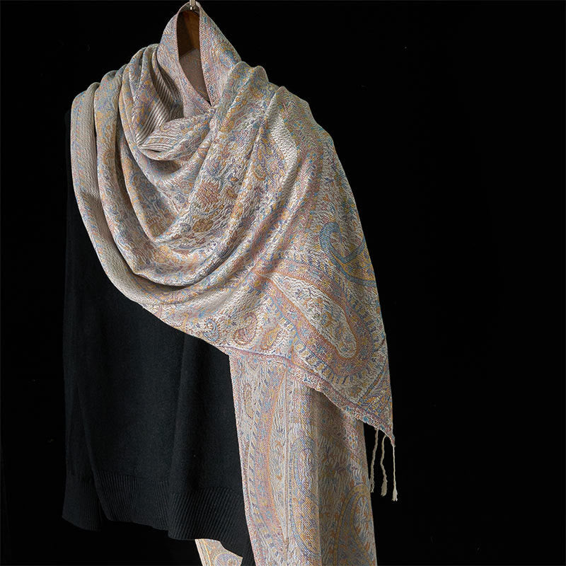 Buddha Stones Wiosna Jasnoróżowy Beżowy Kwiat Nerkowca Geometryczny Wzór Pasków Przytulny Szal z Frędzlami - Beżowy - 170*70 cm - image 6