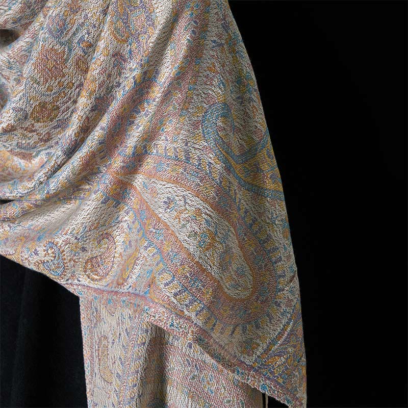 Buddha Stones Wiosna Jasnoróżowy Beżowy Kwiat Nerkowca Geometryczny Wzór Pasków Przytulny Szal z Frędzlami - image 10